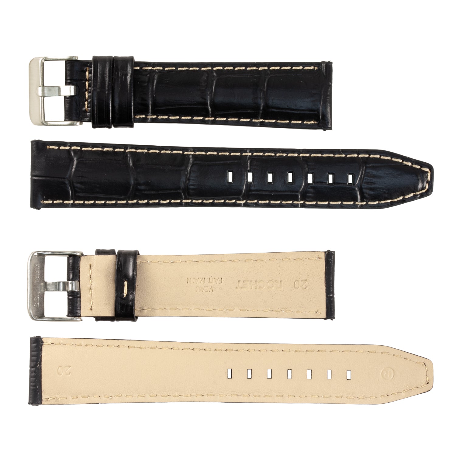 ROCHET No. 559 Long Alligator Grain Fine Leather Straps with Contrast Stitching (18mm ~ 24mm)