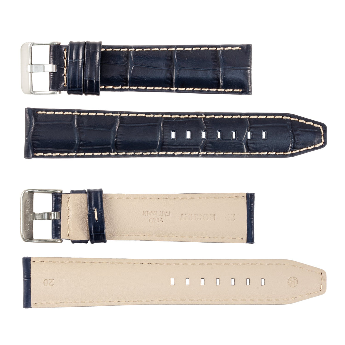 ROCHET No. 559 Alligator Grain Fine Leather Straps with Contrast Stitching (18mm ~ 30mm)