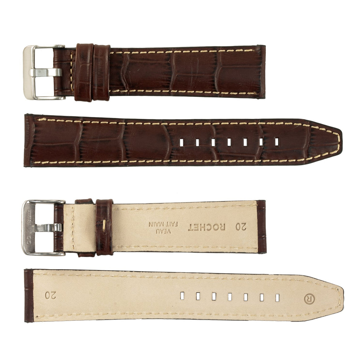 ROCHET No. 559 Long Alligator Grain Fine Leather Straps with Contrast Stitching (18mm ~ 24mm)