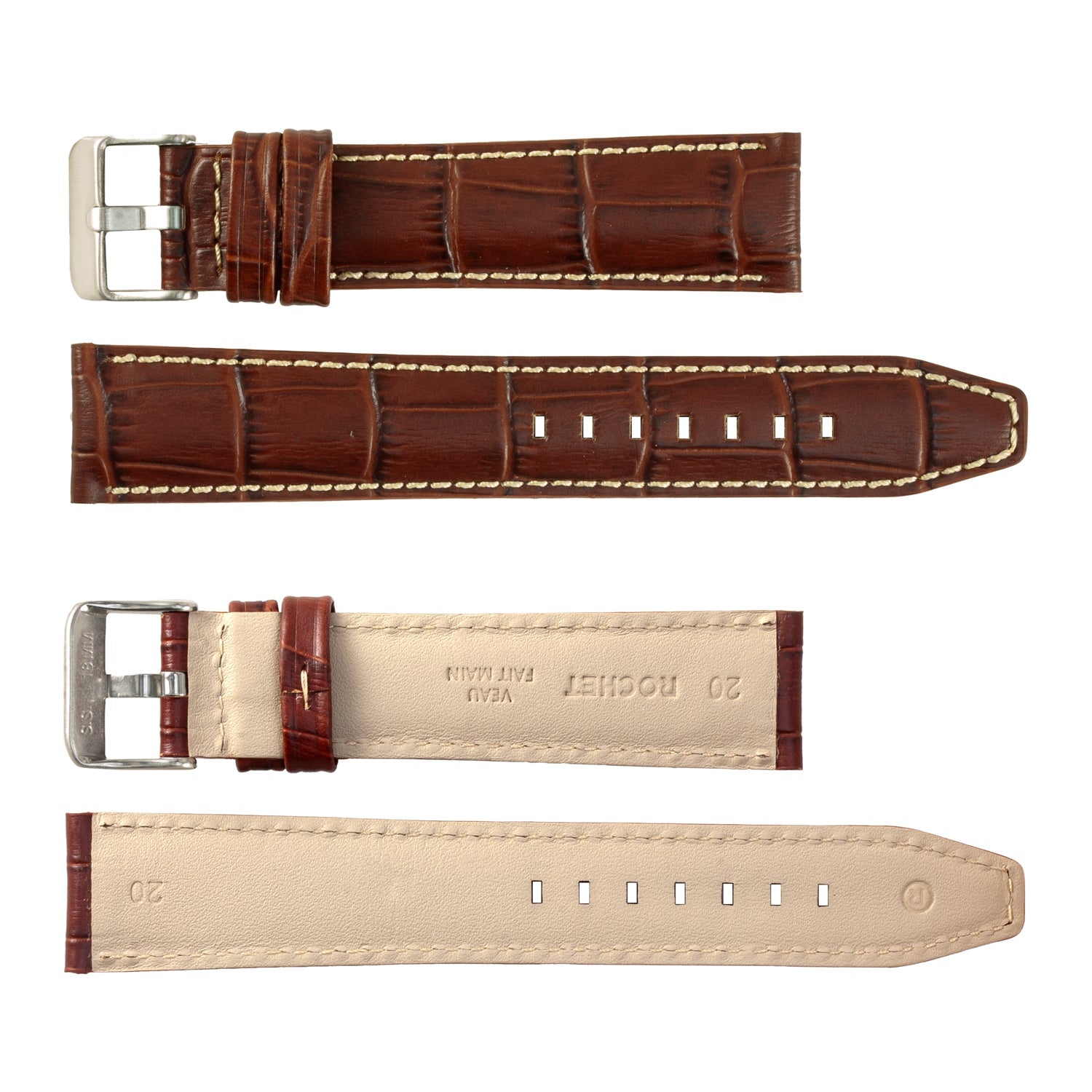 ROCHET No. 559 Alligator Grain Fine Leather Straps with Contrast Stitching (18mm ~ 30mm)